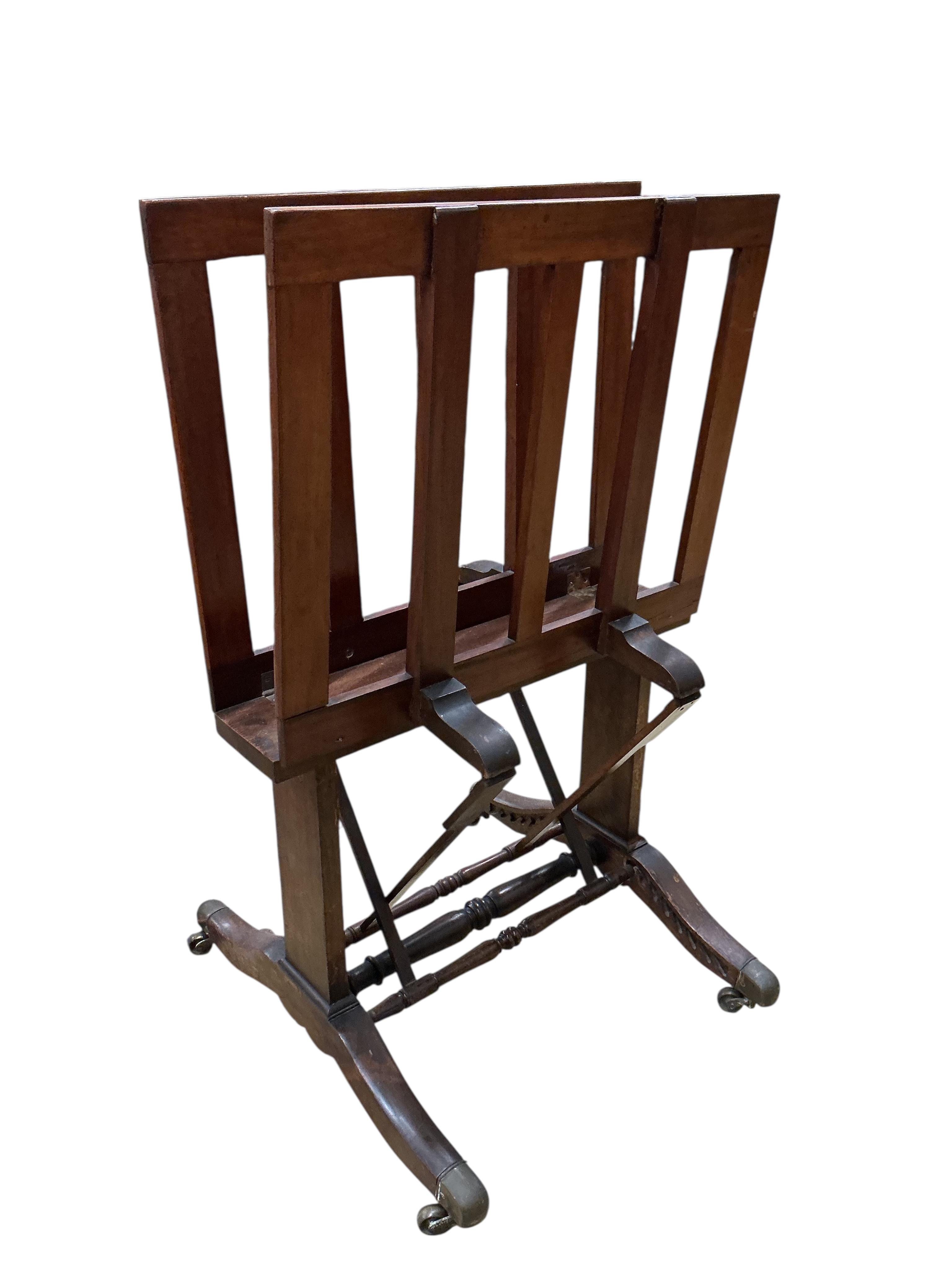 A Victorian mahogany folio stand, with adjustable sides united by turned stretchers, width 66cm, height 106cm